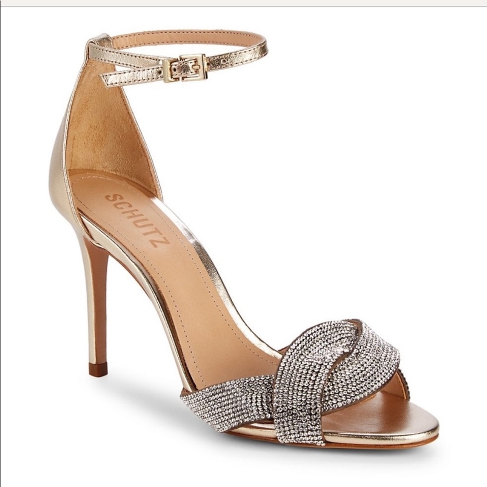 Schutz Jolita Heeled Gold Crystal Embellished Metallic Leather Sandal size 8